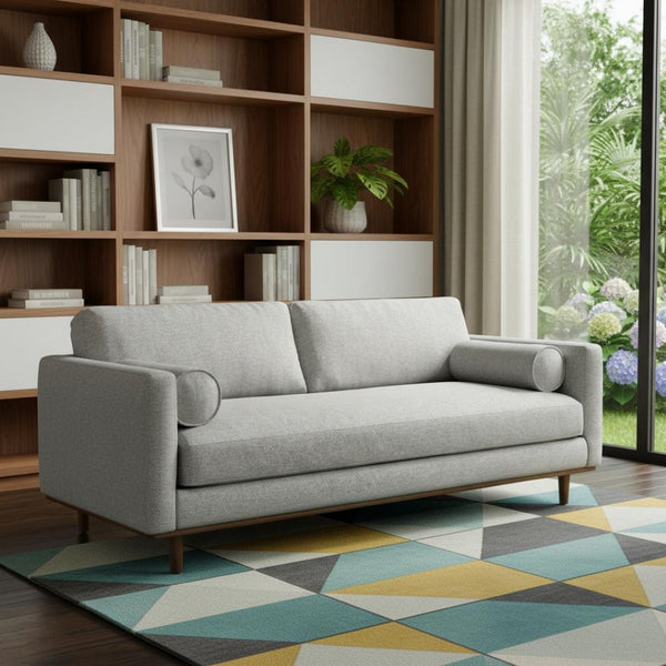 HomeRoots 89" Gray Fabric Sofa - Mid-Century Modern Design with Brown Legs, Cozy Seating for 3 People 640975