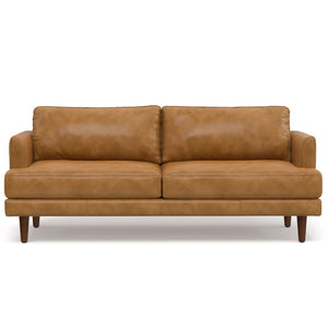 HomeRoots 76" Sienna Leather Sofa: Mid-Century Modern Comfort with Stylish Brown Legs for Elegant Living Spaces 640977