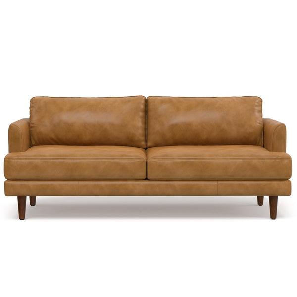 HomeRoots 76" Sienna Leather Sofa: Mid-Century Modern Comfort with Stylish Brown Legs for Elegant Living Spaces 640977