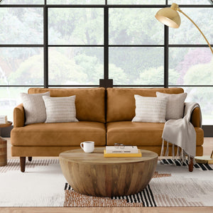 HomeRoots 76" Sienna Leather Sofa: Mid-Century Modern Comfort with Stylish Brown Legs for Elegant Living Spaces 640977