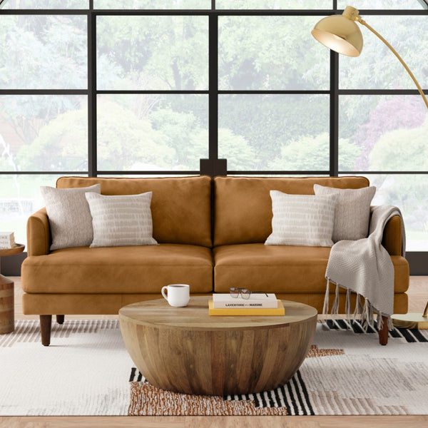 HomeRoots 76" Sienna Leather Sofa: Mid-Century Modern Comfort with Stylish Brown Legs for Elegant Living Spaces 640977