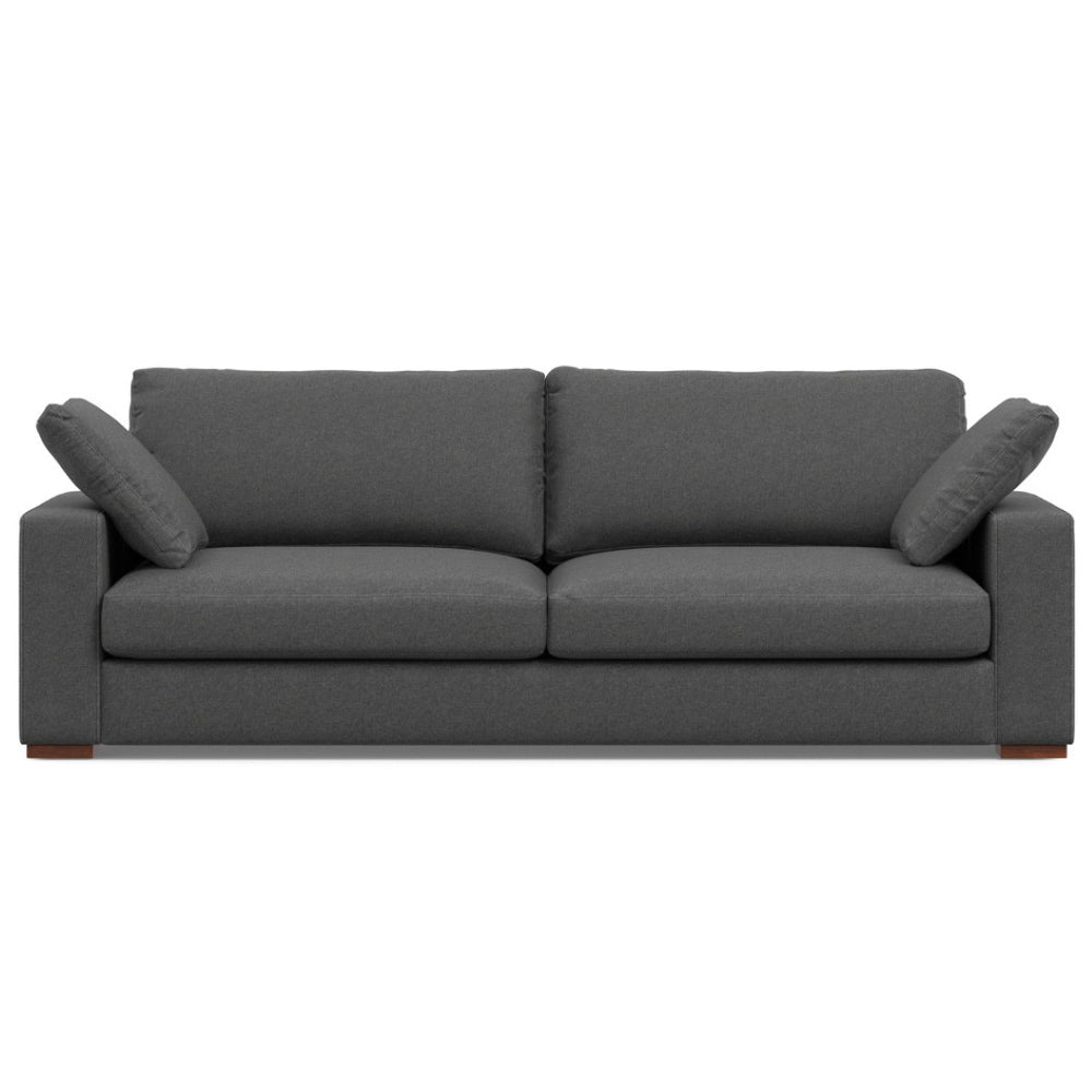 HomeRoots 96" Gray Fabric Sofa with Brown Legs - Elegant Modern Seating for Stylish Living Rooms & Comfort 640982