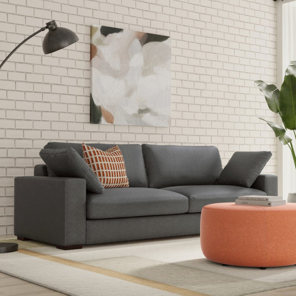 HomeRoots 96" Gray Fabric Sofa with Brown Legs - Elegant Modern Seating for Stylish Living Rooms & Comfort 640982