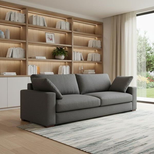 HomeRoots 96" Gray Fabric Sofa with Brown Legs - Elegant Modern Seating for Stylish Living Rooms & Comfort 640982