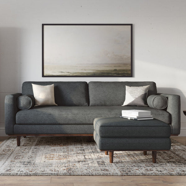 HomeRoots 89" Gray Fabric Sofa with Brown Legs - Mid-Century Modern Design, Comfort for 3, Easy Assembly! 640984