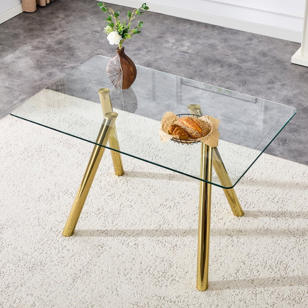 English Elm 51-inch Tempered Glass Rectangular Dining Table Electroplated Metal Base Open Plan Gold W3875S00003
