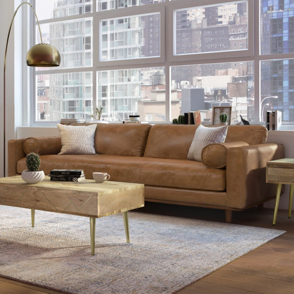 HomeRoots 89" Brown Leather Sofa - Mid-Century Modern Design with Premium Comfort, Durable Frame & Stylish Elegance 640988