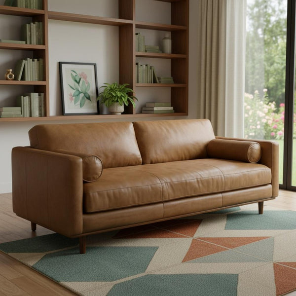 HomeRoots 89" Brown Leather Sofa - Mid-Century Modern Design with Premium Comfort, Durable Frame & Stylish Elegance 640988