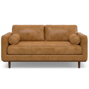 HomeRoots 72" Sienna Leather Sofa - Mid-Century Modern Elegance with Brown Legs, Durable & Stylish Comfort 640989