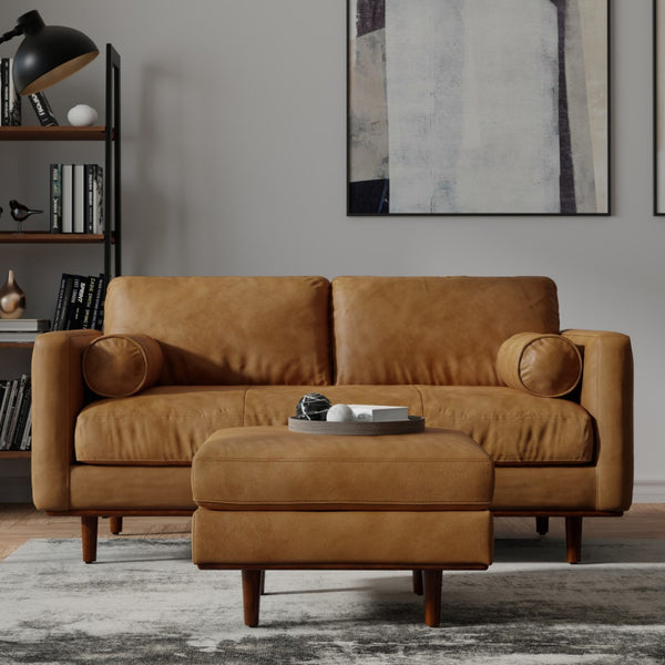 HomeRoots 72" Sienna Leather Sofa - Mid-Century Modern Elegance with Brown Legs, Durable & Stylish Comfort 640989