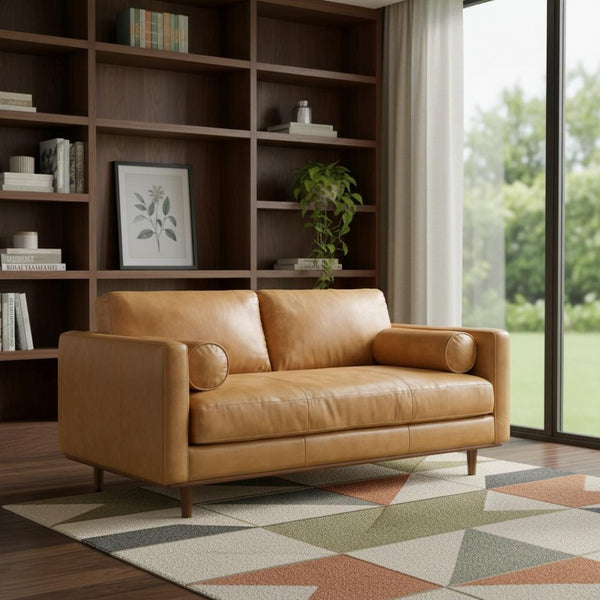 HomeRoots 72" Sienna Leather Sofa - Mid-Century Modern Elegance with Brown Legs, Durable & Stylish Comfort 640989