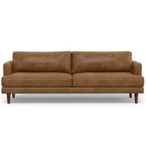 HomeRoots 90" Brown Leather Sofa - Elegant Mid-Century Modern Design with Genuine Leather & Comfort for 3 640992
