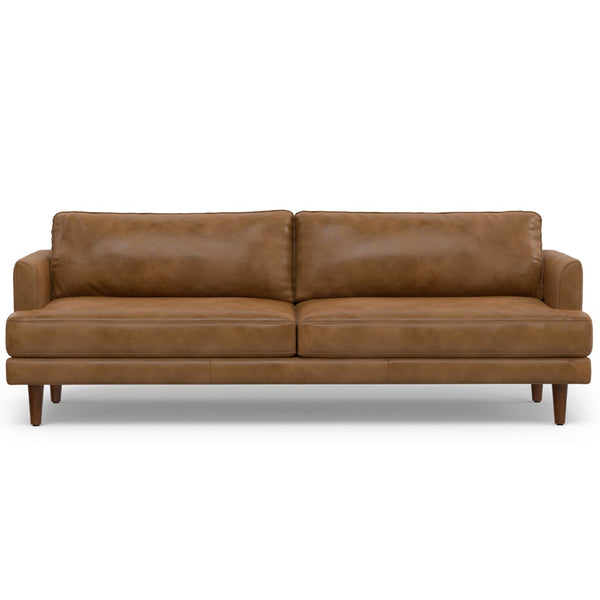 HomeRoots 90" Brown Leather Sofa - Elegant Mid-Century Modern Design with Genuine Leather & Comfort for 3 640992