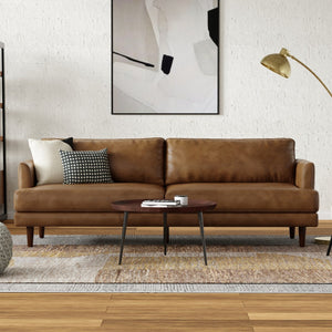 HomeRoots 90" Brown Leather Sofa - Elegant Mid-Century Modern Design with Genuine Leather & Comfort for 3 640992