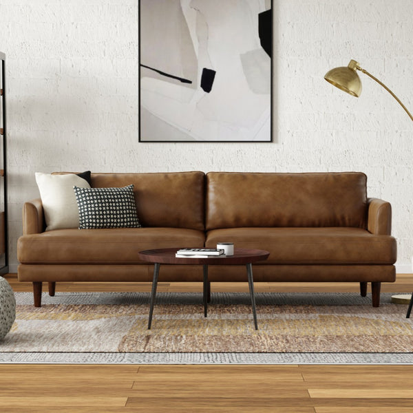 HomeRoots 90" Brown Leather Sofa - Elegant Mid-Century Modern Design with Genuine Leather & Comfort for 3 640992