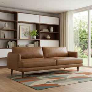 HomeRoots 90" Brown Leather Sofa - Elegant Mid-Century Modern Design with Genuine Leather & Comfort for 3 640992