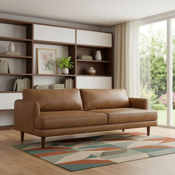 HomeRoots 90" Brown Leather Sofa - Elegant Mid-Century Modern Design with Genuine Leather & Comfort for 3 640992