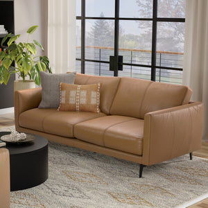 HomeRoots 81" Brown Leather Sofa with Elegant Tufting & Black Metal Legs - Modern Comfort for Living Rooms 640993