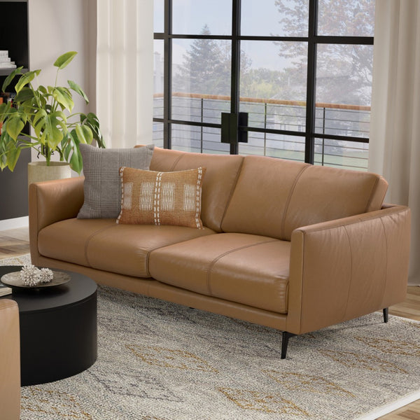 HomeRoots 81" Brown Leather Sofa with Elegant Tufting & Black Metal Legs - Modern Comfort for Living Rooms 640993