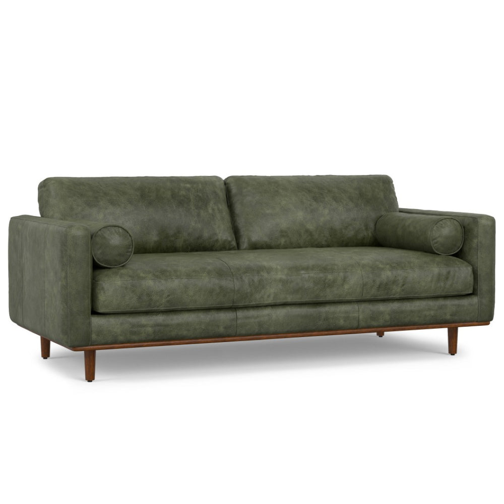 HomeRoots 89" Moss Green Leather Sofa – Mid-Century Modern Style with Sturdy Brown Legs & Luxurious Comfort 640994