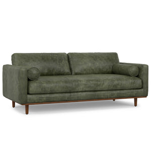 HomeRoots 89" Moss Green Leather Sofa – Mid-Century Modern Style with Sturdy Brown Legs & Luxurious Comfort 640994