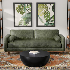 HomeRoots 89" Moss Green Leather Sofa – Mid-Century Modern Style with Sturdy Brown Legs & Luxurious Comfort 640994