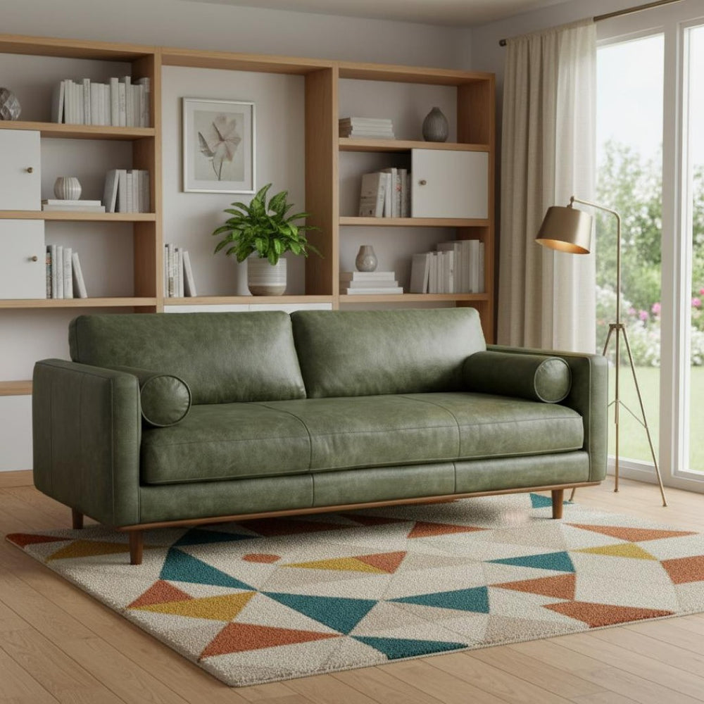 HomeRoots 89" Moss Green Leather Sofa – Mid-Century Modern Style with Sturdy Brown Legs & Luxurious Comfort 640994
