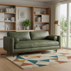 HomeRoots 89" Moss Green Leather Sofa – Mid-Century Modern Style with Sturdy Brown Legs & Luxurious Comfort 640994