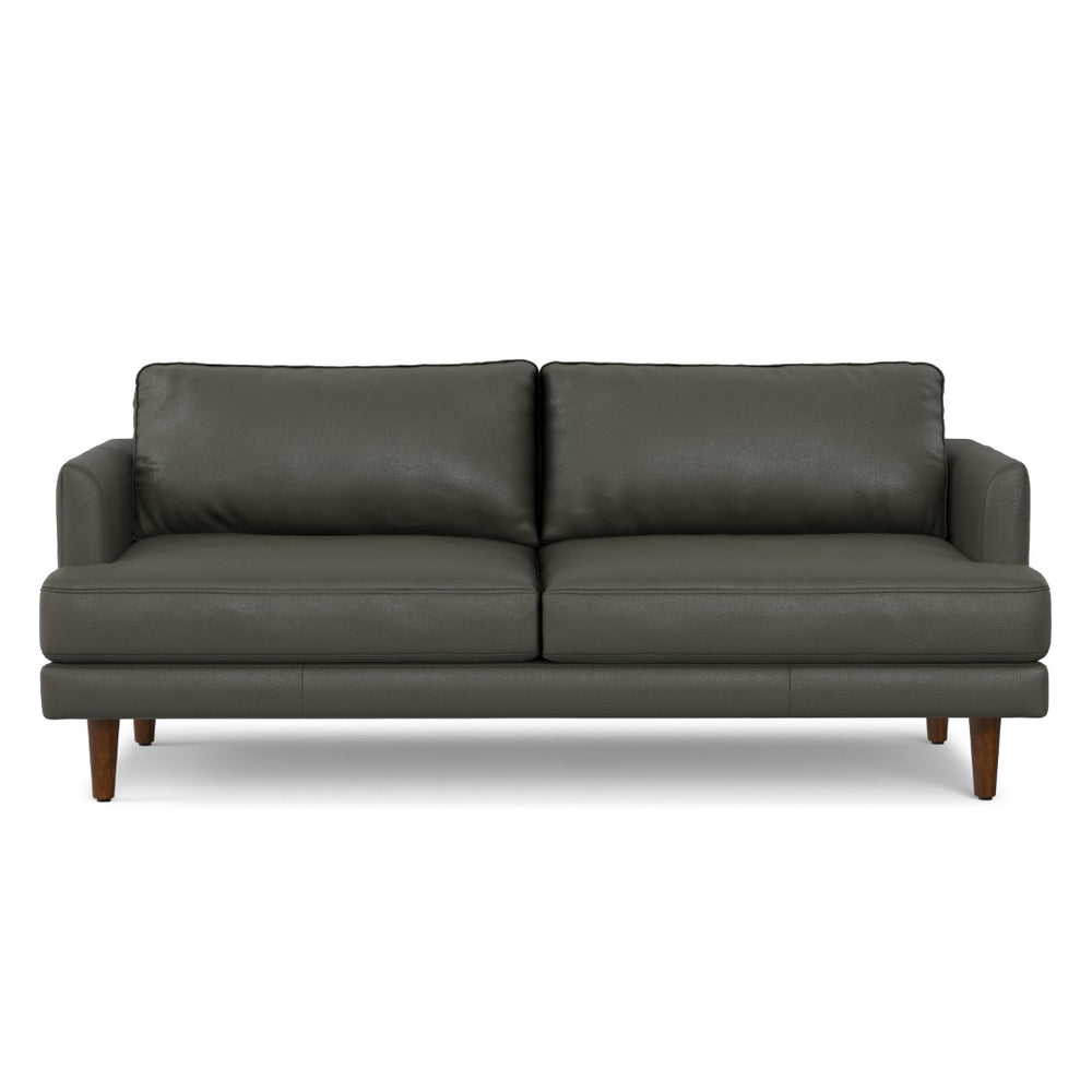 HomeRoots 76" Sleek Black Leather Sofa with Warm Brown Legs - Mid-Century Modern Design for Stylish Comfort 640995