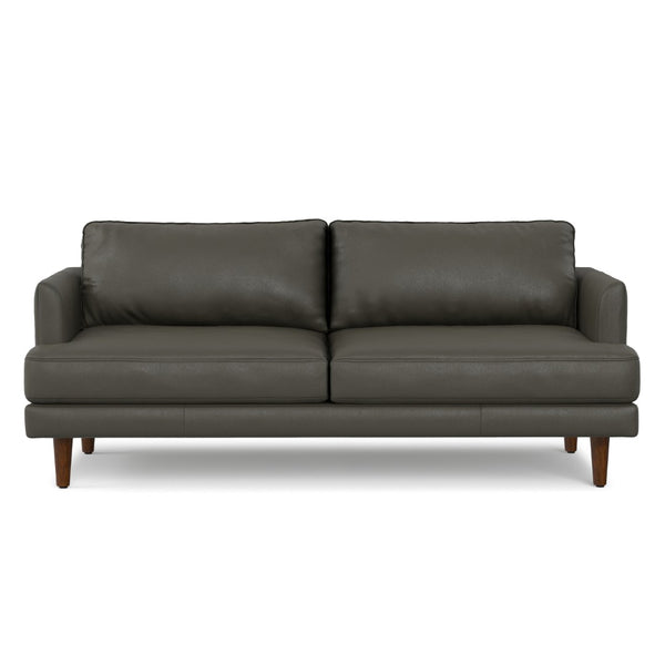 HomeRoots 76" Sleek Black Leather Sofa with Warm Brown Legs - Mid-Century Modern Design for Stylish Comfort 640995