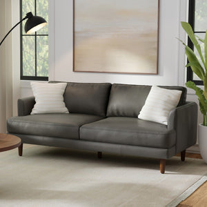 HomeRoots 76" Sleek Black Leather Sofa with Warm Brown Legs - Mid-Century Modern Design for Stylish Comfort 640995