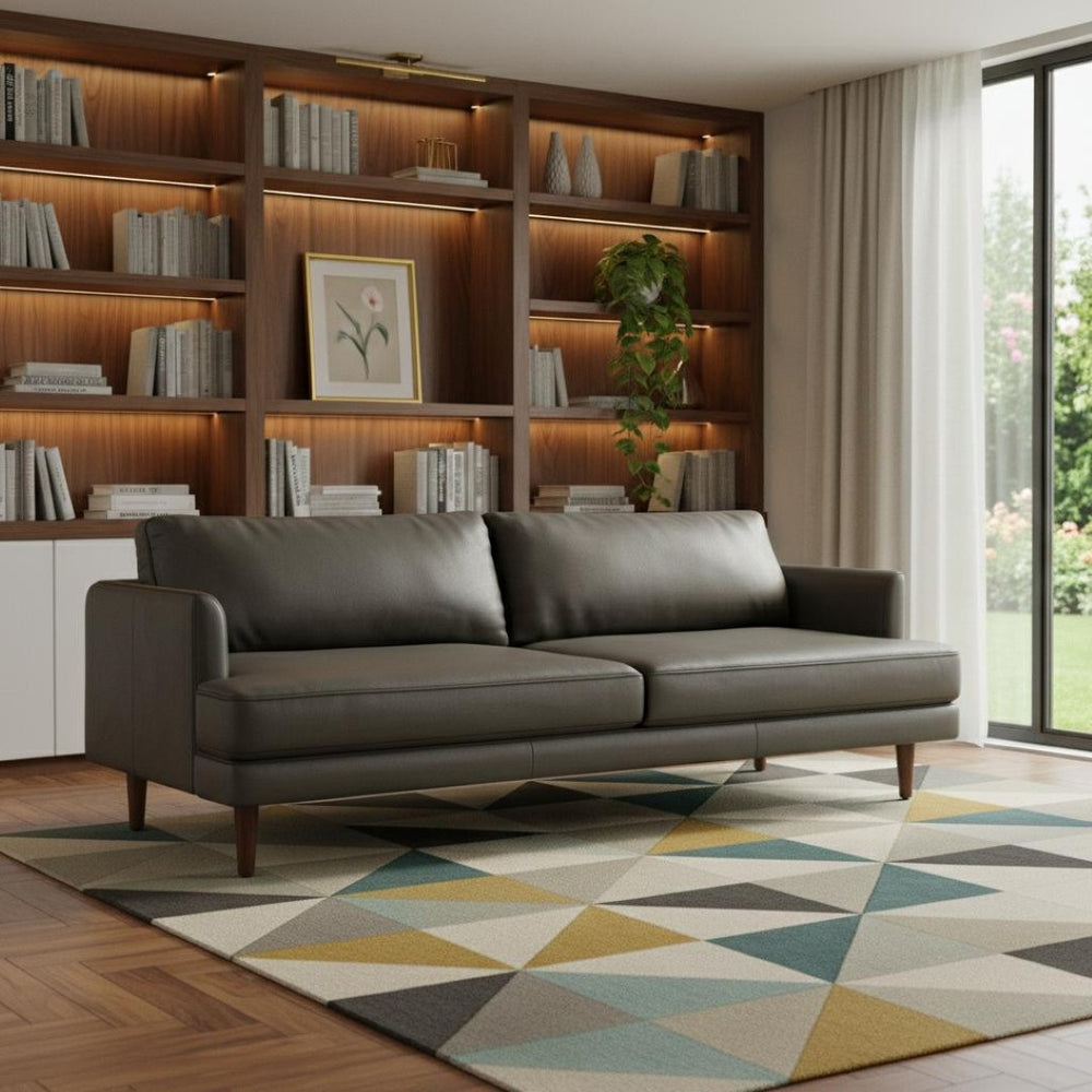 HomeRoots 76" Sleek Black Leather Sofa with Warm Brown Legs - Mid-Century Modern Design for Stylish Comfort 640995