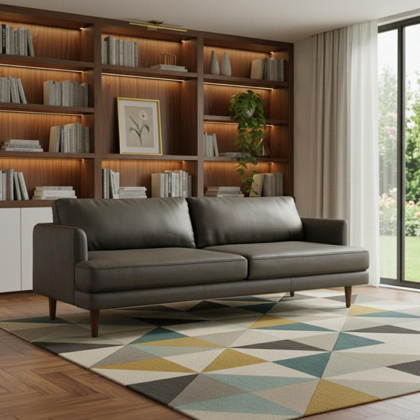 HomeRoots 76" Sleek Black Leather Sofa with Warm Brown Legs - Mid-Century Modern Design for Stylish Comfort 640995