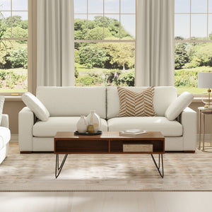 HomeRoots 96" Cream Fabric Sofa - Stylish Comfort with Brown Legs for Family Rooms & Open Living Spaces 640998