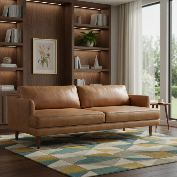 HomeRoots 76" Brown Leather Sofa – Mid-Century Modern Elegance, Durable Comfort for Stylish Living Spaces 640999