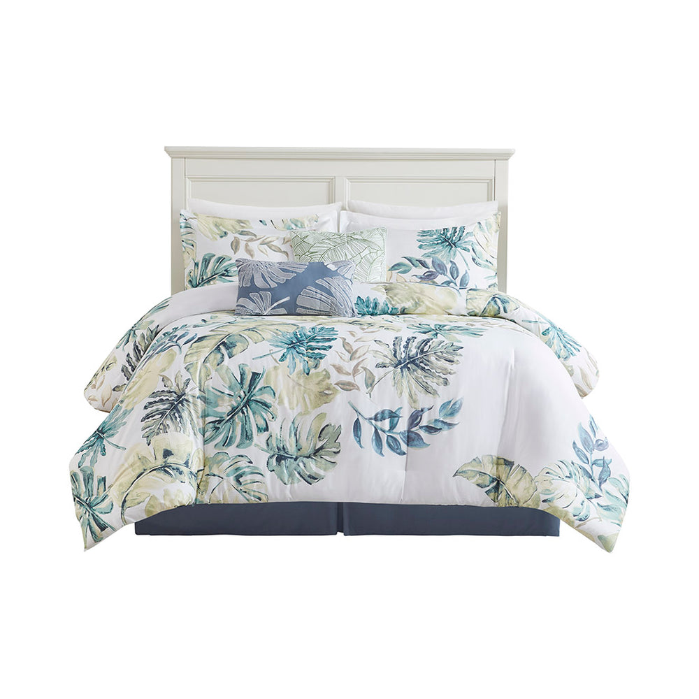 JLA Home Harbor House Blue - Cotton Coastal Tropical 6-Piece Comforter Set with Oversized Green & Blue Foliage, OEKO-TEX Certified 90 L x 80 W x 1.5H HH10-1618