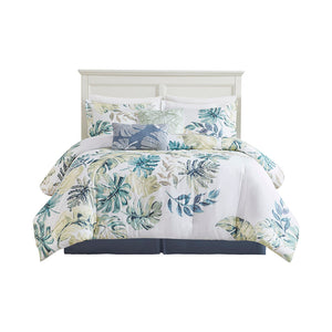 JLA Home Harbor House Blue - Cotton Coastal Tropical 6-Piece Comforter Set with Oversized Green & Blue Foliage, OEKO-TEX Certified 90 L x 80 W x 1.5H HH10-1618