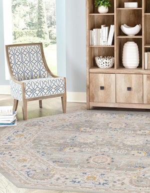 Unique Loom Whitney Bordeaux Machine Made Floral / Botanical Rug Cloud Gray, Blue/Gold/Ivory/Light Blue 7' 1" x 7' 1"