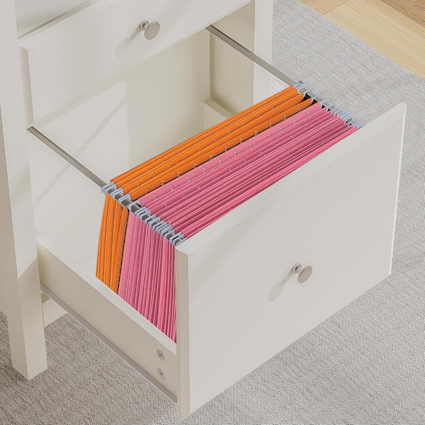 English Elm 47" Farmhouse Wood Writing Desk with Charging Station, 2 Drawers, Open Shelf & Ergonomic Workspace for Home Office and Vanity Beige+Brown T3771P351922