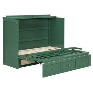 English Elm Full Size Murphy Wall Bed Cabinet with Rattan Panel Detailing and Storage Drawers Green N708P336203F