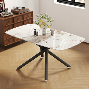 English Elm Large Tempered Glass Rectangular Dining Table Seats Six with Matte Black Metal Frame W1151S04539