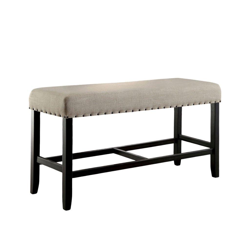 English Elm Rustic Counter Height Bench 44"W Beige Linen-Like Upholstery Nailhead Trim Distressed Black Wood B011P190158