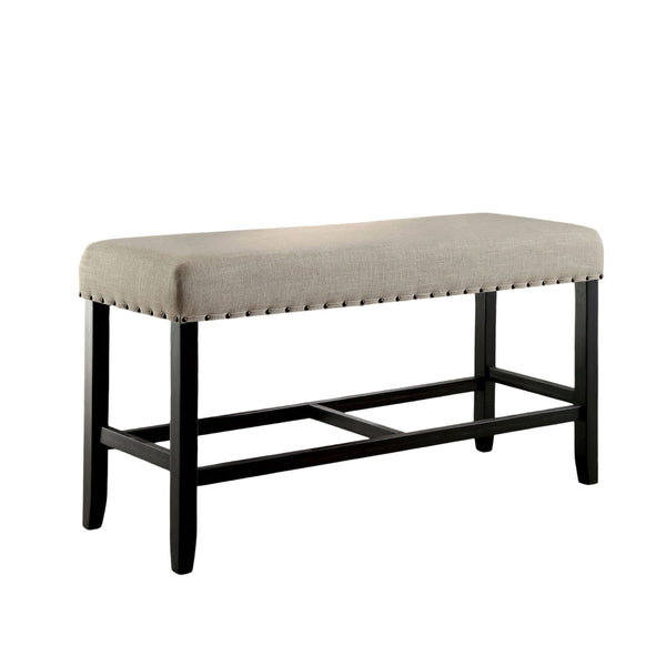 English Elm Rustic Counter Height Bench 44"W Beige Linen-Like Upholstery Nailhead Trim Distressed Black Wood B011P190158