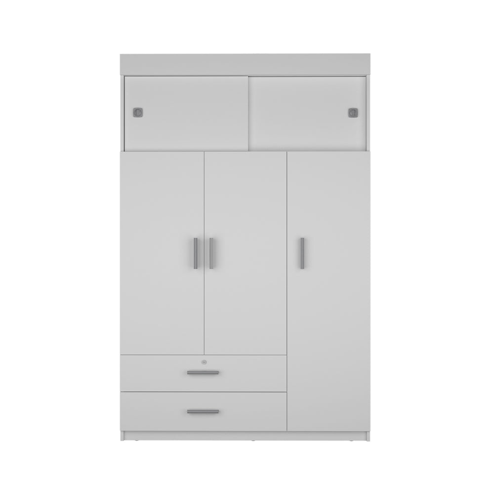 English Elm Tucson White Armoire with Hanging Rod & 2 Large Bottom Drawers, Compact 3-Door Wardrobe Design B128S00095