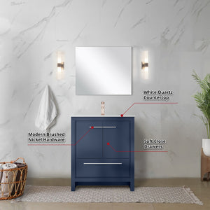 English Elm Navy Blue Bath Vanity Set With White Quartz Top, Rose Gold Faucet & Matching 28" Mirror For Style B2731S02046