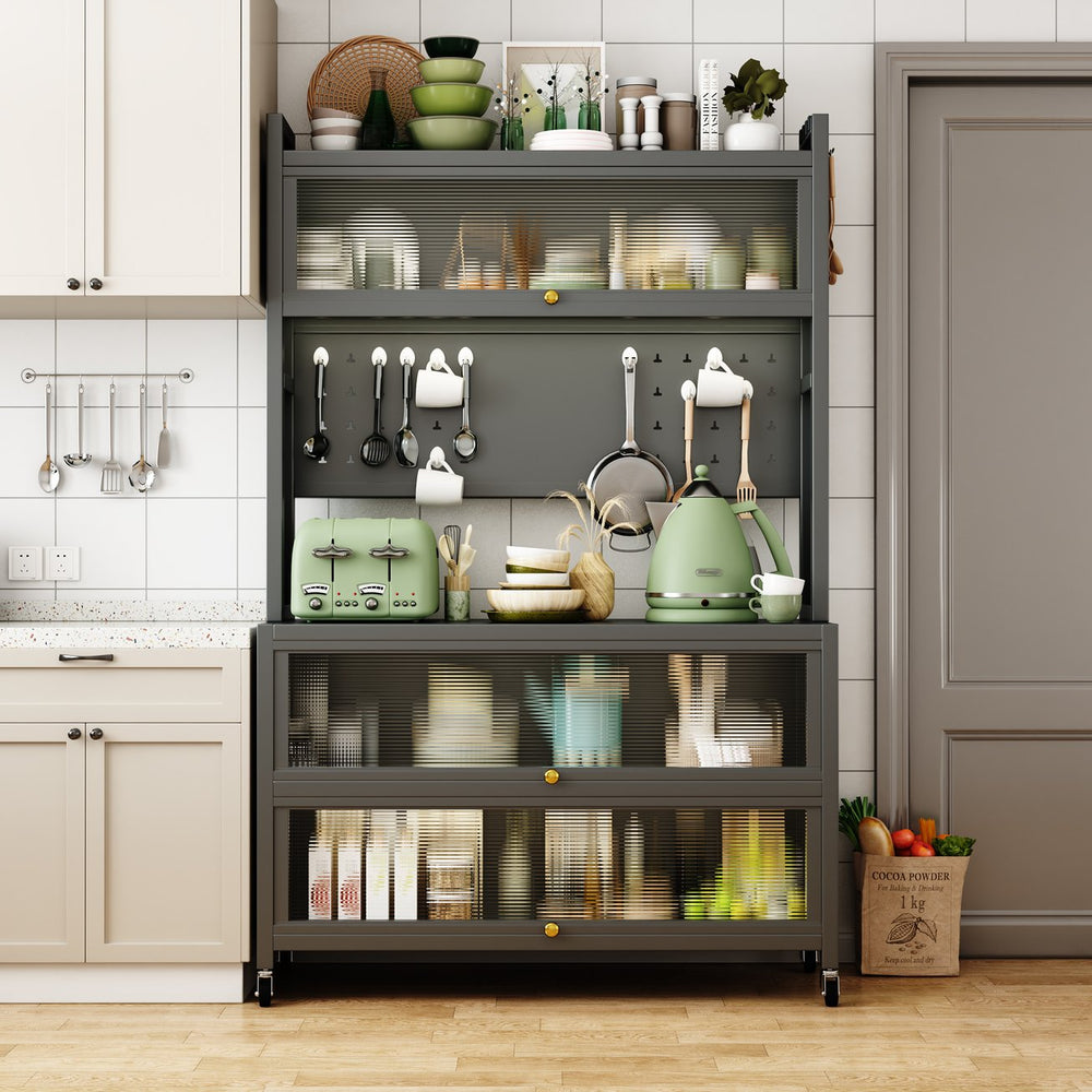 English Elm metal Bakers Rack Countertop Organizer Cabinet with Lockable Doors, 250kg Capacity, Smooth 360° Wheels W509P164652