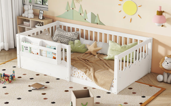 English Elm Twin Low Profile Kids Floor Bed Pine Wood Frame with Safety Rail and Built in Bookshelf White W1580P373134