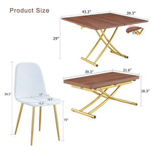 English Elm Table and Chair Set Adjustable Height Mdf Wood Grain Top with Four Linen Dining Chairs Golden+White W1151S03784