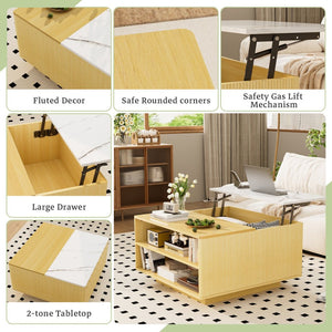English Elm Lift Top Coffee Table Faux Marble Surface Hydraulic Storage Shelves Modern Home T3773P419176