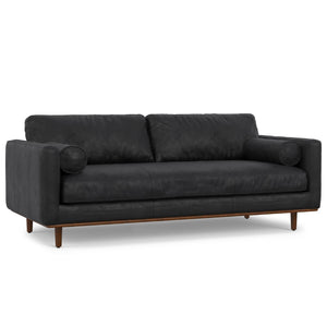HomeRoots 89" Black Leather Sofa - Luxurious Mid-Century Design with Brown Legs, Roomy Comfort & Support 641000